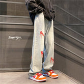 Men Jeans Embroidered Jeans Men's Summer Wide-Leg Straight Pants